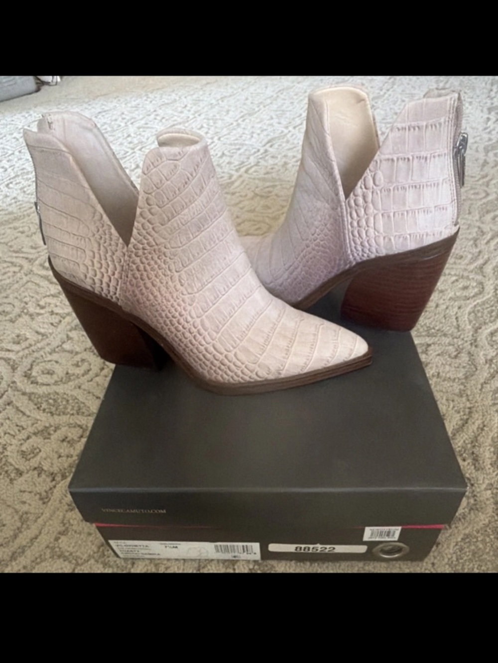 Vince Camuto Cream Croc-Embossed Pointed Ankle Booties